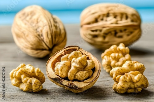 Detailed view of cracked walnut and kernel pieces photo