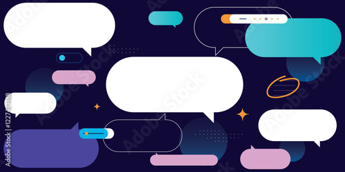 Design template with chat dialogs in an abstract digital space.