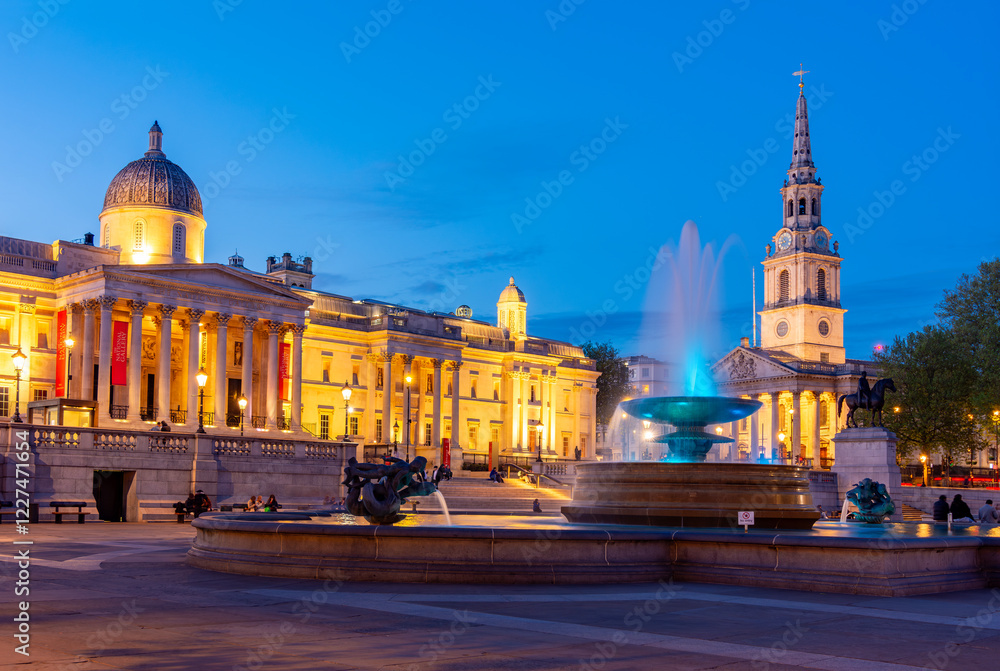 Trafalgar square with National Gallery at sunset, London, UK