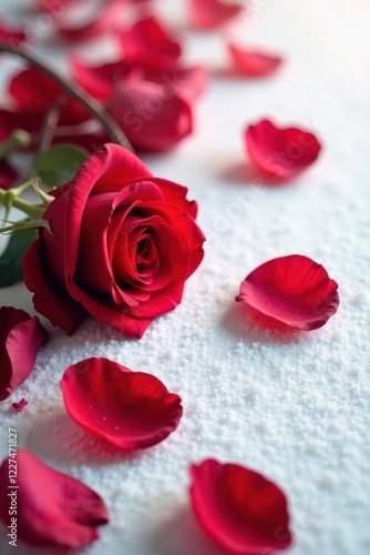 Elegant red rose petals on a snowy white surface, rose petal, love, flower power