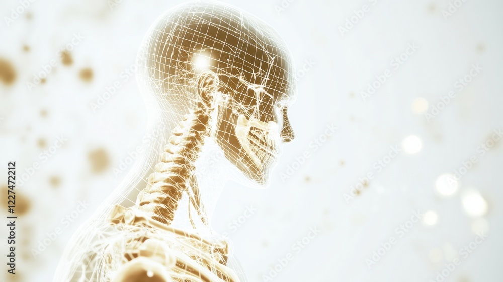 Naklejka premium An abstract illustration of a human skeletal system with highlighted bones and a digital grid overlay, set against a white background, Minimalist style