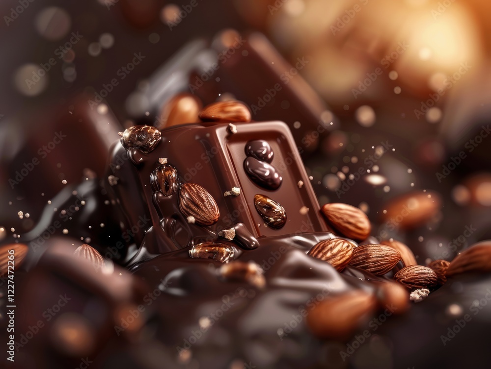 A delectable close-up of a rich chocolate bar topped with roasted nuts and caramelized bits, set against a backdrop of flowing molten chocolate and warm glowing light, generative AI. A delectable close-up of a rich chocolate bar topped with roasted nuts and caramelized bits, set against a backdrop of flowing molten chocolate and warm glowing light, generative AI.