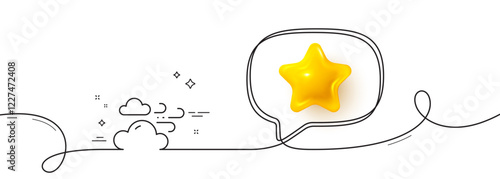 Windy weather line icon. Continuous line with 3d star. Clouds with wind sign. Sky symbol. 3d star in speech bubble. Windy weather single line ribbon. Loop curve pattern. Vector