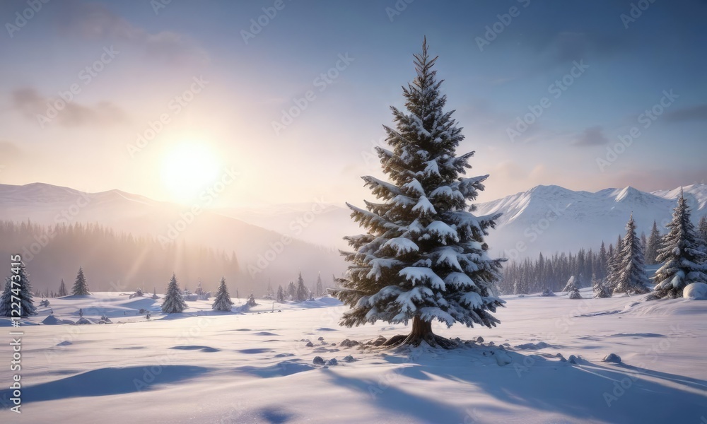 Fototapeta premium Snow-covered Christmas tree in a frosty winter landscape, holiday decoration, winter scene, snowflake