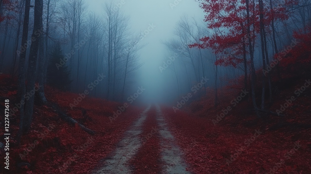 Obraz premium Foggy Woodland Path Covered With Red Leaves Creating A Mystical Autumn Atmosphere