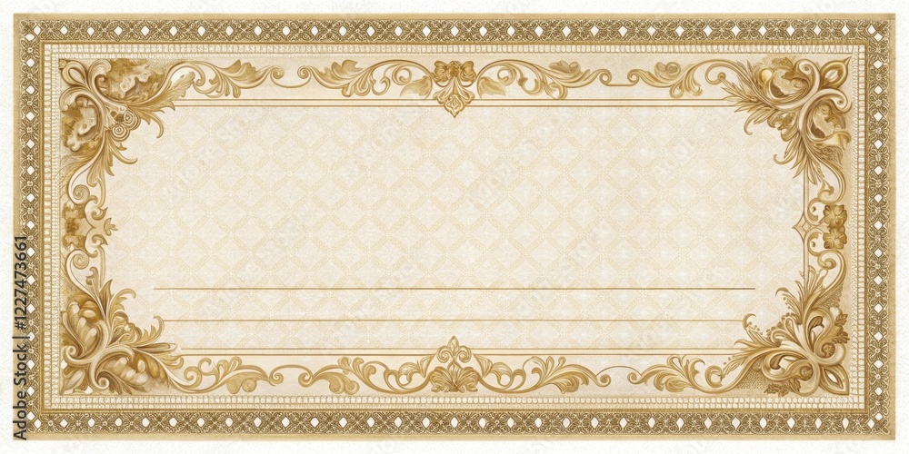 Obraz premium A blank check with intricate golden filigree border and ornate floral patterns