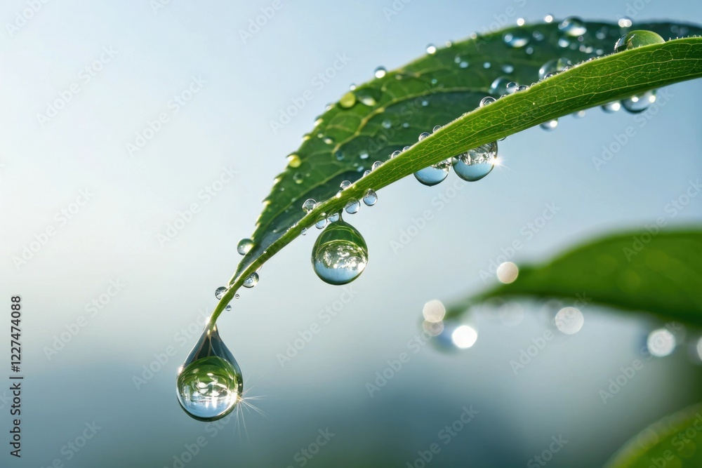 Fototapeta premium Small transparent water droplets falling from a leaf, water cycle, tiny drops