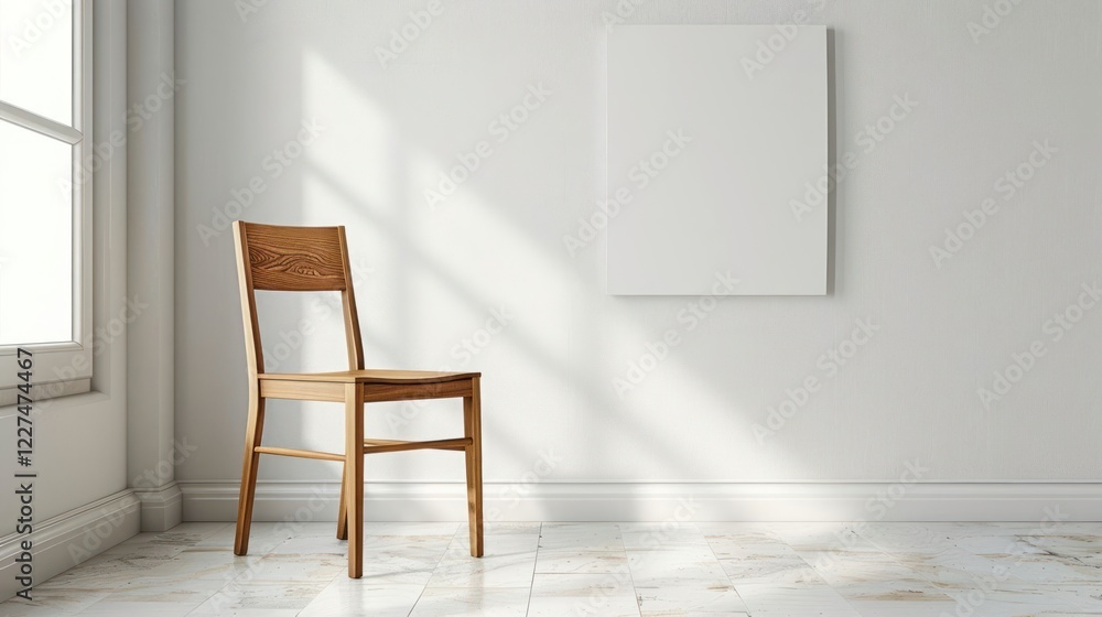 Fototapeta premium Minimalist interior featuring a wooden chair beside a blank canvas on a sunlit wall