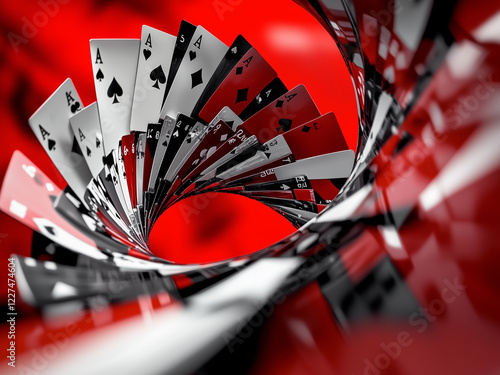Poker cards falling on red background
