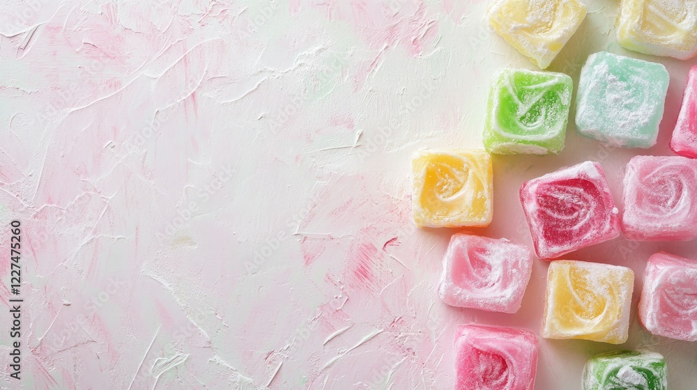 A close-up of colorful Turkish Delight candies in pink, green, and yellow, artistically arranged on a white surface with ample copy space on the right for text or branding A close-up of colorful Turkish Delight candies in pink, green, and yellow, artistically arranged on a white surface with ample copy space on the right for text or branding