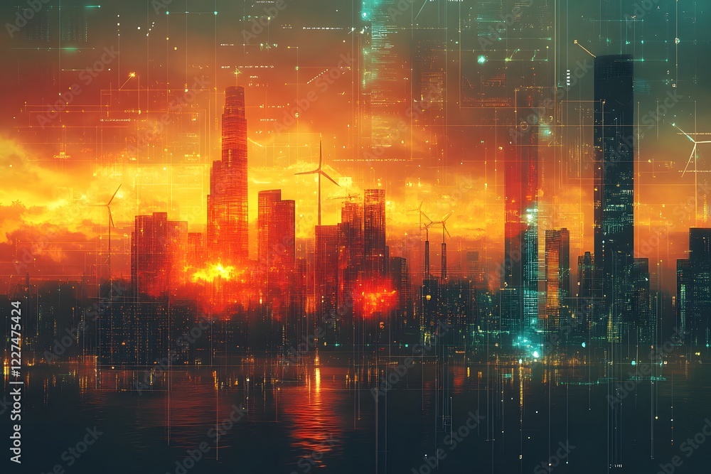Bright Futuristic Cityscape Against Renewable Energy Climate Data Grid Bright Futuristic Cityscape Against Renewable Energy Climate Data Grid