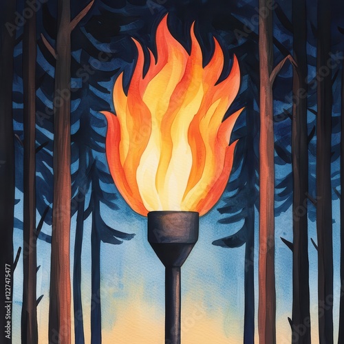 A vibrant torch flame illuminates a dark forest at twilight. photo