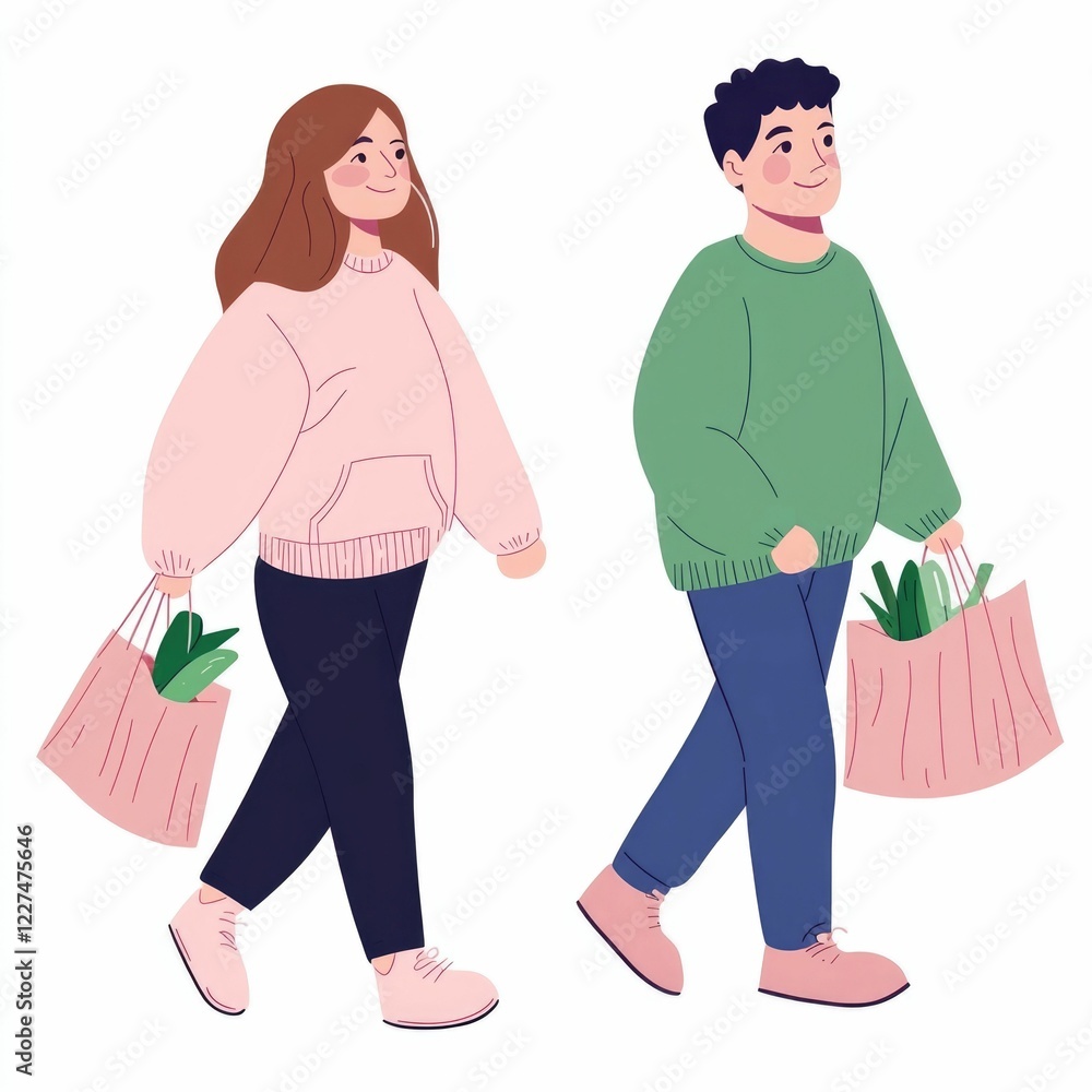 Obraz premium of a young couple walking on a city street carrying takeaway bags or packages from a restaurant or food establishment The image has a flat minimalist design style