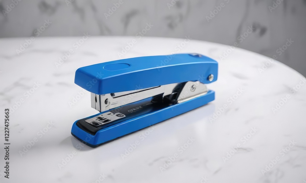 Simple blue office supply stapler on a white surface, office equipment, office supplies Simple blue office supply stapler on a white surface, office equipment, office supplies