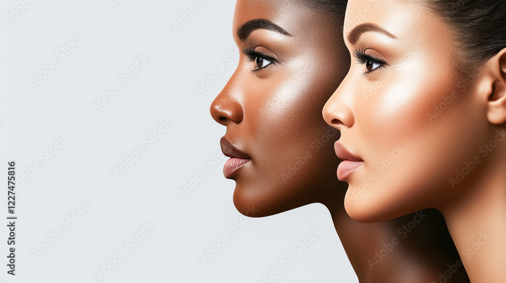 Fototapeta premium Close-up side profiles of two diverse women with glowing skin, emphasizing beauty, confidence, and cultural inclusivity.