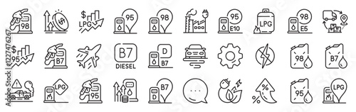Filling station line icons. Settings gear, Message, Inflation icons. Petrol canister, B7 diesel fuel and gas cylinder set. Lpg, fuel filling station and 95 petrol canister line icons. Vector