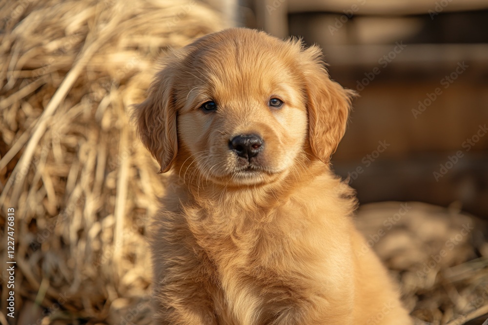 Fototapeta premium Adorable golden retriever puppy sitting on straw in natural light
