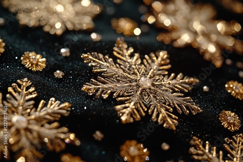 Golden Christmas ornaments with shiny snowflakes photo