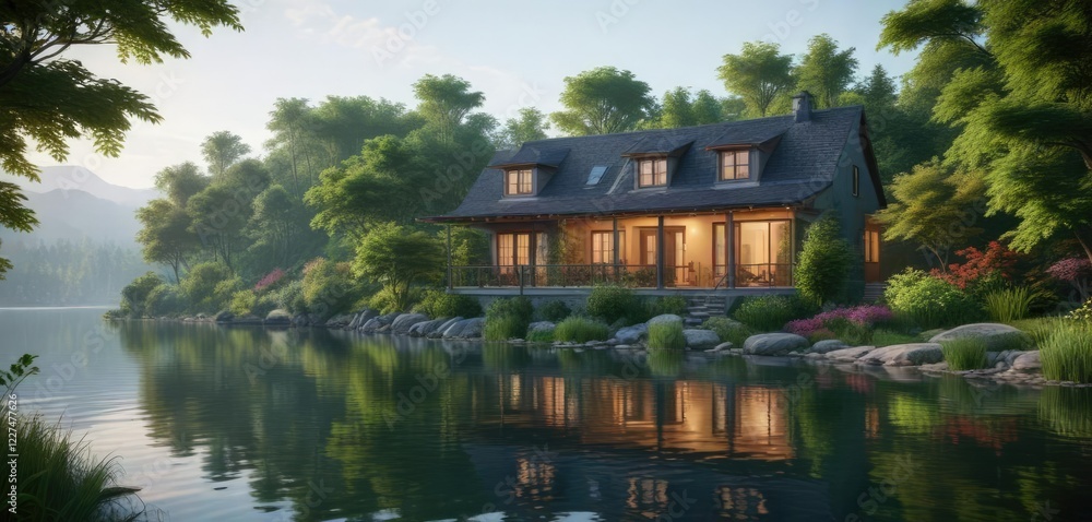 Fototapeta premium serene lakefront house with lush greenery and a tranquil atmosphere , residential area, peaceful