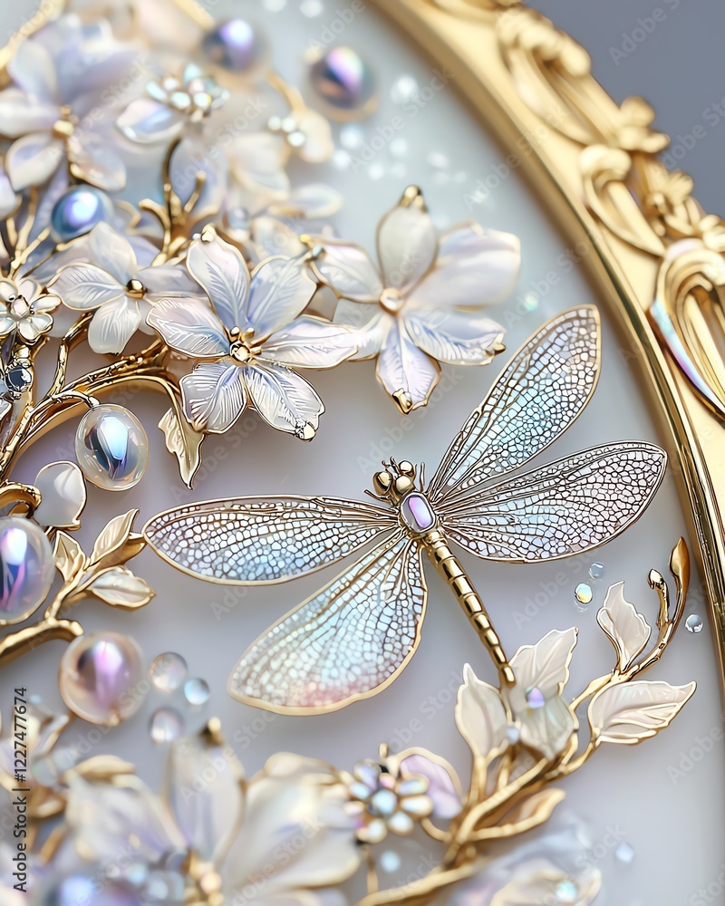 Fototapeta premium Enchanted oval frame with iridescent dragonflies and dewdrops, magical morning feel, pearlescent finish