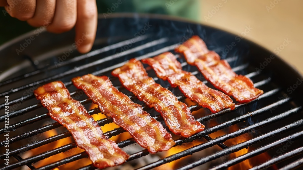 A hand points at sizzling bacon strips on a grill, showcasing a delicious cooking process in a vibrant outdoor setting. A hand points at sizzling bacon strips on a grill, showcasing a delicious cooking process in a vibrant outdoor setting.
