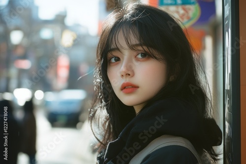 Stylish young woman with red lipstick on city street photo