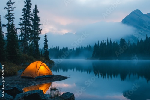 Camping tent near lake surrounded by pine trees photo