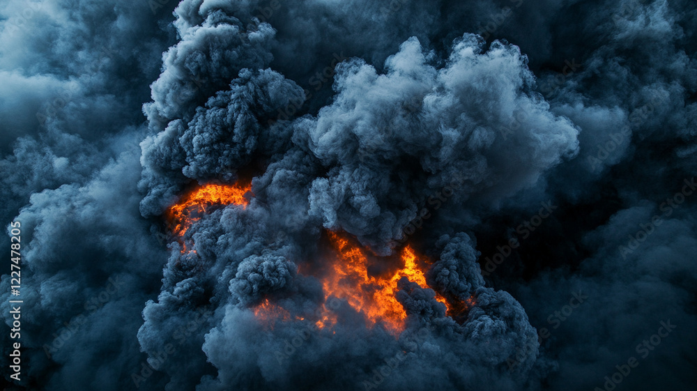 Majestic swirling smoke clouds with fiery orange glow, creating an intense atmosphere in nature Majestic swirling smoke clouds with fiery orange glow, creating an intense atmosphere in nature
