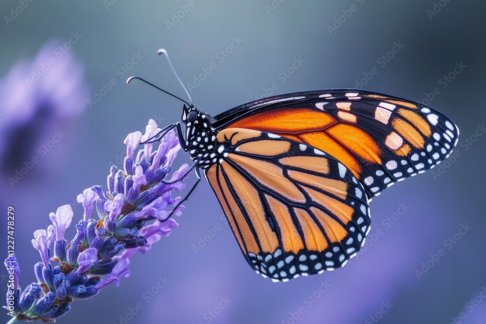 Fototapeta premium Closeup of a monarch butterfly perched on a lavender flower