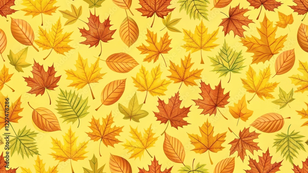 Fototapeta premium Autumn Leaf Seamless Colorful Yellow Tile Pattern, tile, leaf, tile, leaf, vibrant, cozy, floral, fall, interior, harvest