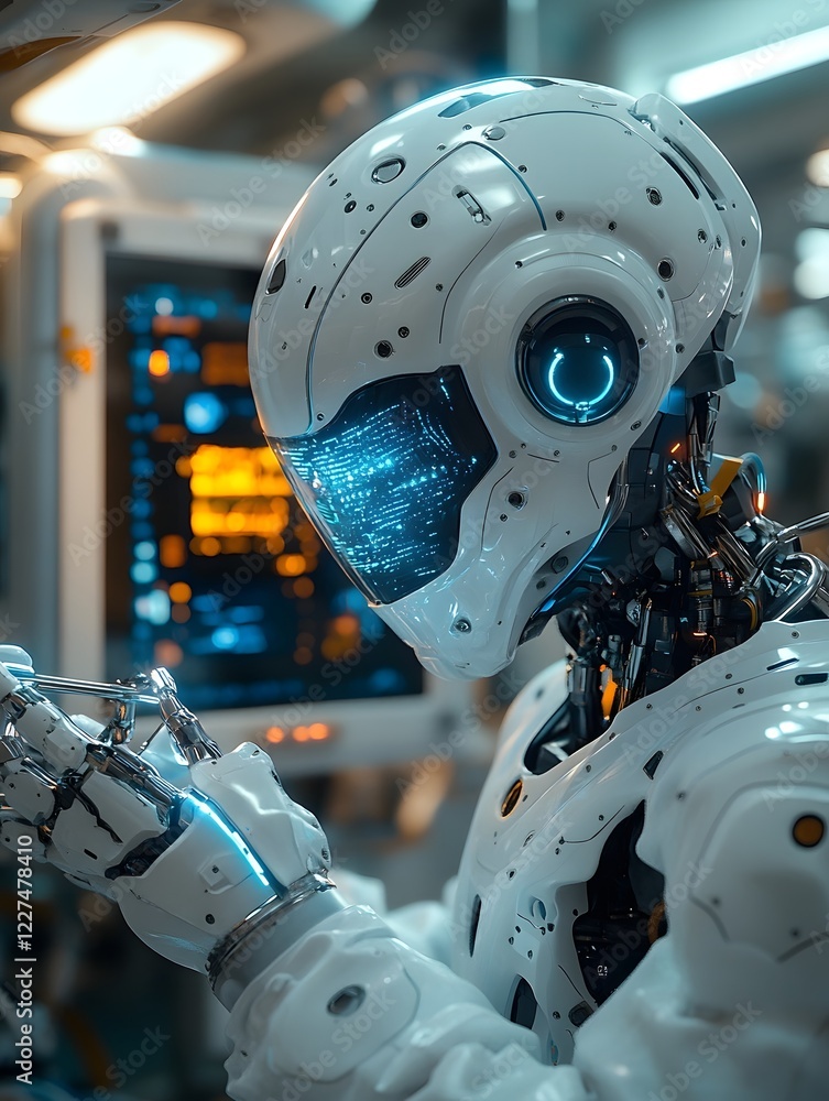 Fototapeta premium Humanoid Robot Assisting Medical Professional in High Tech Hospital Setting