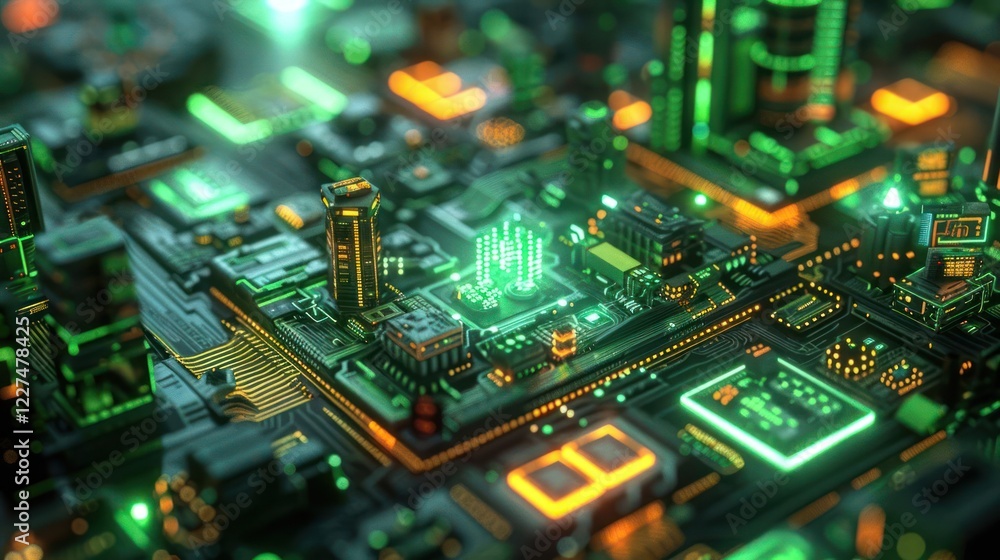 Obraz premium Futuristic cityscape on a circuit board with glowing elements and vibrant technology