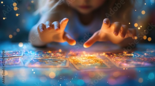 A pair of youthful hands reaches toward a glowing tarot card at the center of a mystical table. The scene is illuminated by soft, swirling pastel colors, with hues of blue, pink, and gold. photo