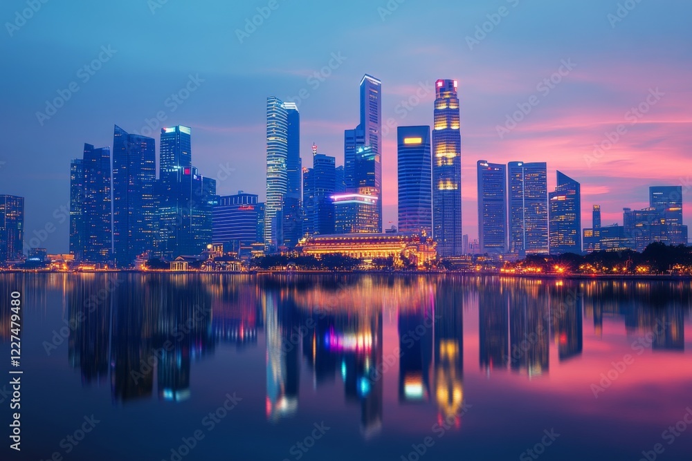 Naklejka premium City skyline with reflection on calm water during sunset