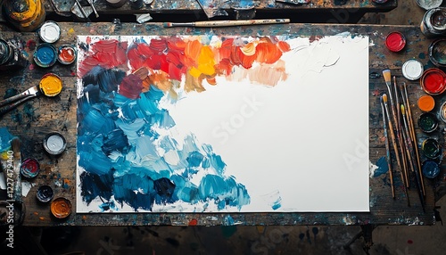 Top view of blank white paper with vibrant paint palette and brushes on rustic wooden table photo