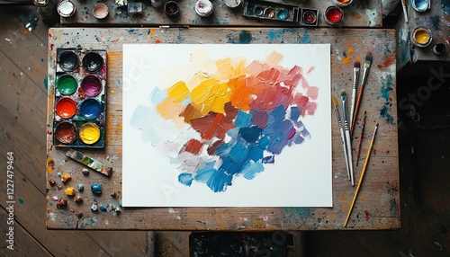 Top view of blank white paper with vibrant paint palette and brushes on rustic wooden table photo