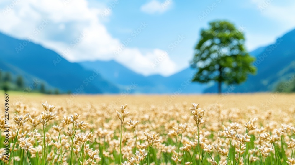 Serene Summer Landscape Golden Field Flowers and Solitary Tree Against Majestic Mountains Serene Summer Landscape Golden Field Flowers and Solitary Tree Against Majestic Mountains