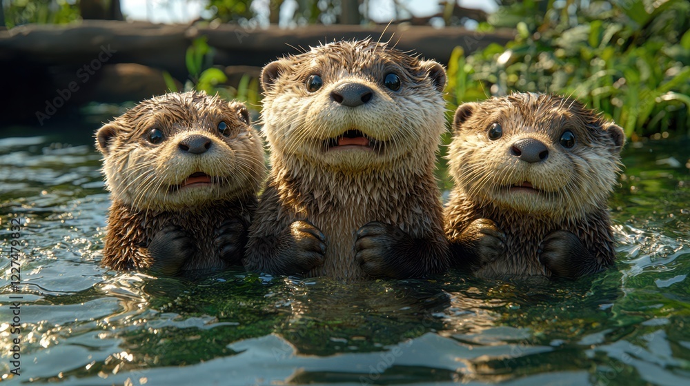 Three Adorable Otter Pups Playing in Water Nature Wildlife Scene Three Adorable Otter Pups Playing in Water Nature Wildlife Scene