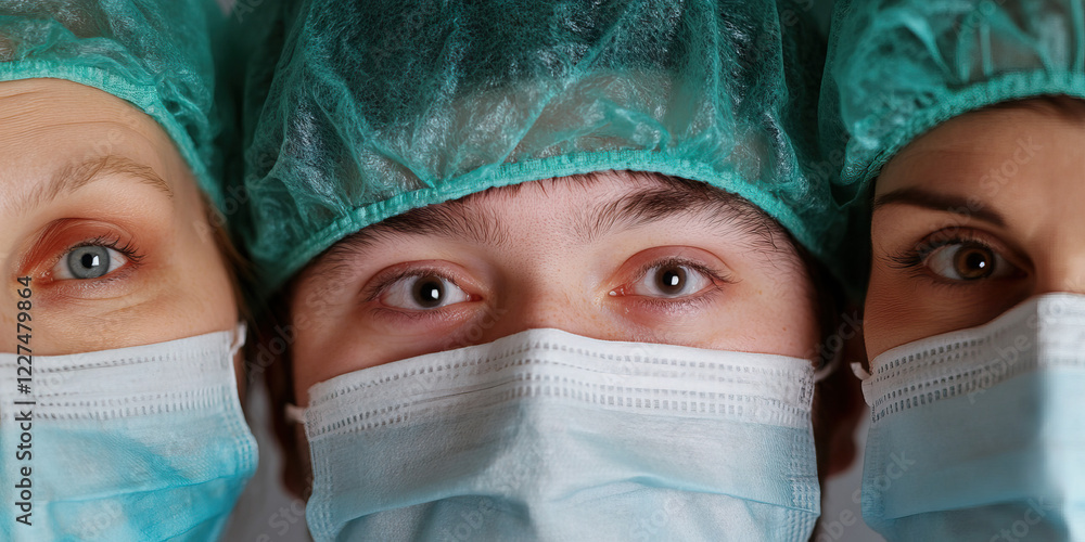 Three Individuals Wearing Surgical Caps and Masks Three Individuals Wearing Surgical Caps and Masks