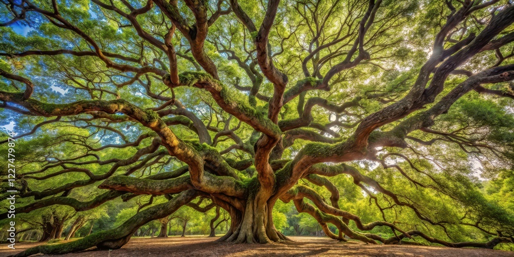 Detailed shot of majestic Angel Oak Tree's sprawling, gnarled branches stretching towards the sky, nature Detailed shot of majestic Angel Oak Tree's sprawling, gnarled branches stretching towards the sky, nature