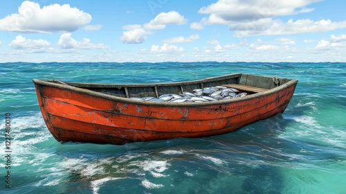 a wooden boat filled with freshly caught fish on a sandy shore. photo