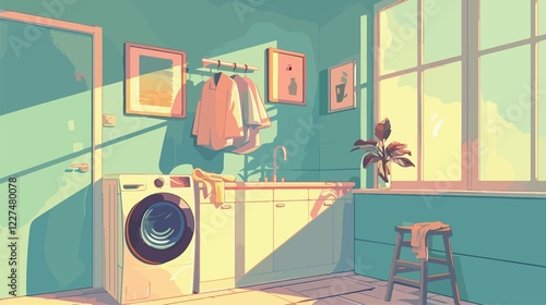 Modern Laundry Room with Clothes Flat Vector Illustration