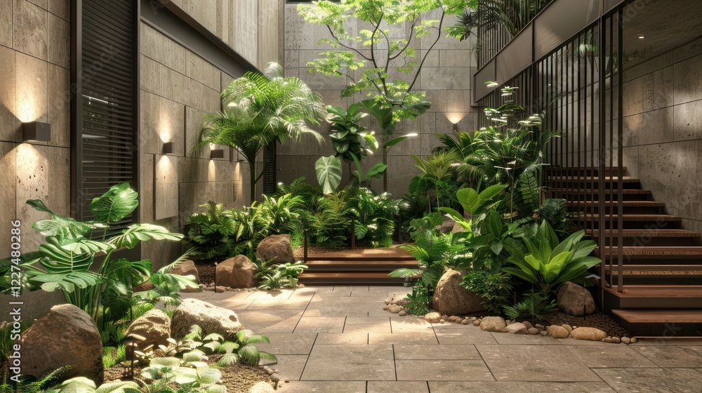 Naklejka premium Lush Indoor Garden with Modern Staircase Surrounded by Natural Light and Greenery