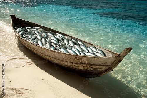 a wooden boat filled with freshly caught fish on a sandy shore. photo