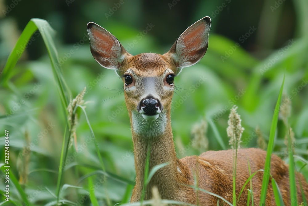Young deer standing in a grassy field surrounded by greenery Young deer standing in a grassy field surrounded by greenery