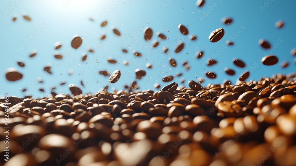 A dynamic low-angle shot capturing coffee beans mid-fall against a clear blue sky with sunlit accents creates a sense of movement and fresh energy A dynamic low-angle shot capturing coffee beans mid-fall against a clear blue sky with sunlit accents creates a sense of movement and fresh energy