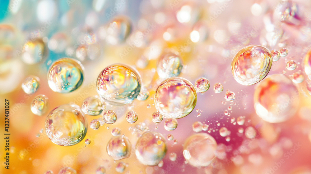 Fototapeta premium Colorful soap bubbles floating in soft pastel background, creating a dreamy and whimsical atmosphere