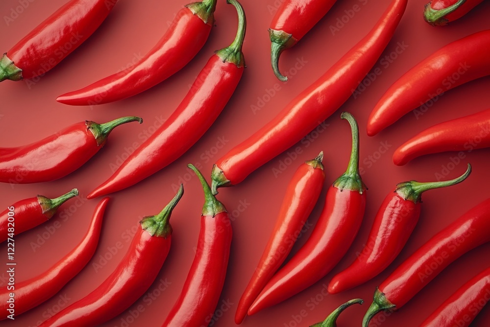 Fresh red chili peppers arranged neatly on a red background Fresh red chili peppers arranged neatly on a red background