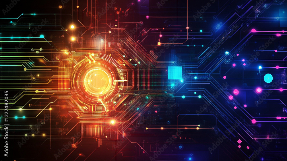 Fototapeta premium Abstract digital technology background with vibrant colors and circuitry patterns, ideal for tech themes
