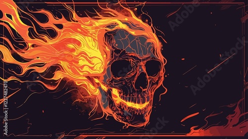 Heavy Metal Skull on Fire Flat Vector Illustration